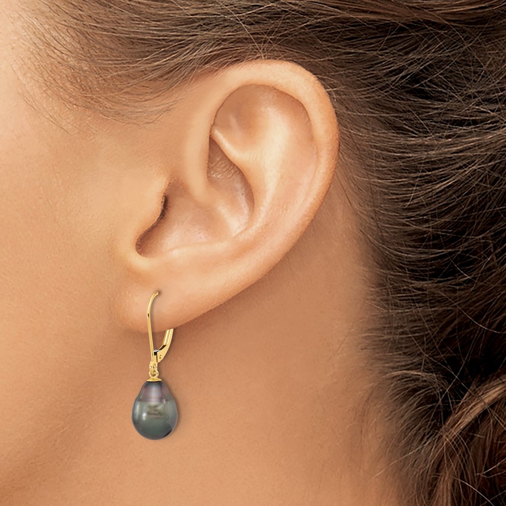 14k 8-9mm Black Teardrop Tahitian Saltwater Cultured Pearl Leverback Dangle Earrings (XF811E)