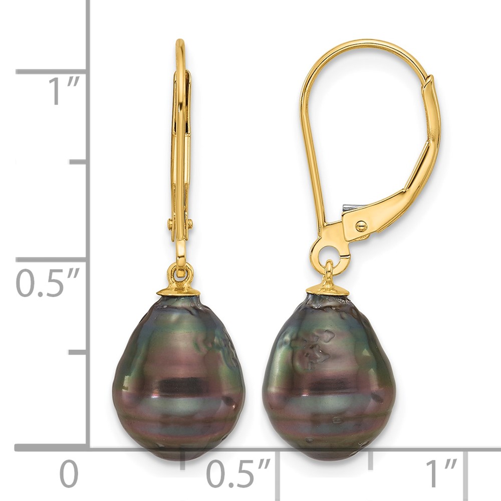 14k 8-9mm Black Teardrop Tahitian Saltwater Cultured Pearl Leverback Dangle Earrings (XF811E)