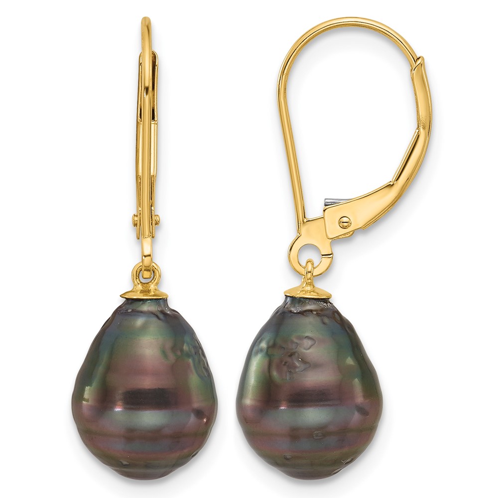 14k 8-9mm Black Teardrop Tahitian Saltwater Cultured Pearl Leverback Dangle Earrings (XF811E)