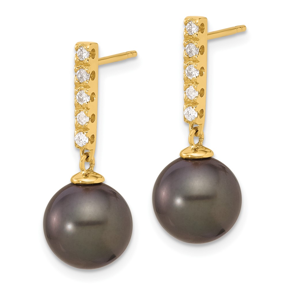 14k 9-10mm Black Round Tahitian Saltwater Cultured Pearl and .20 Carat Diamond Post Dangle Earrings (XF812E)