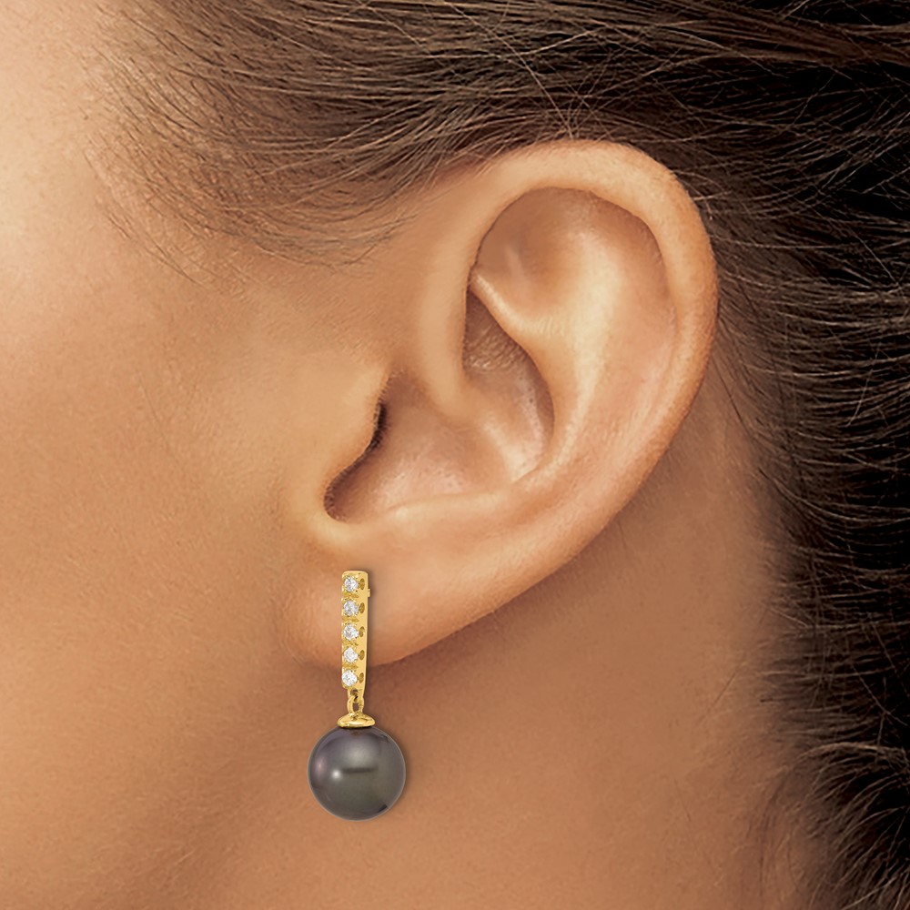 14k 9-10mm Black Round Tahitian Saltwater Cultured Pearl and .20 Carat Diamond Post Dangle Earrings (XF812E)