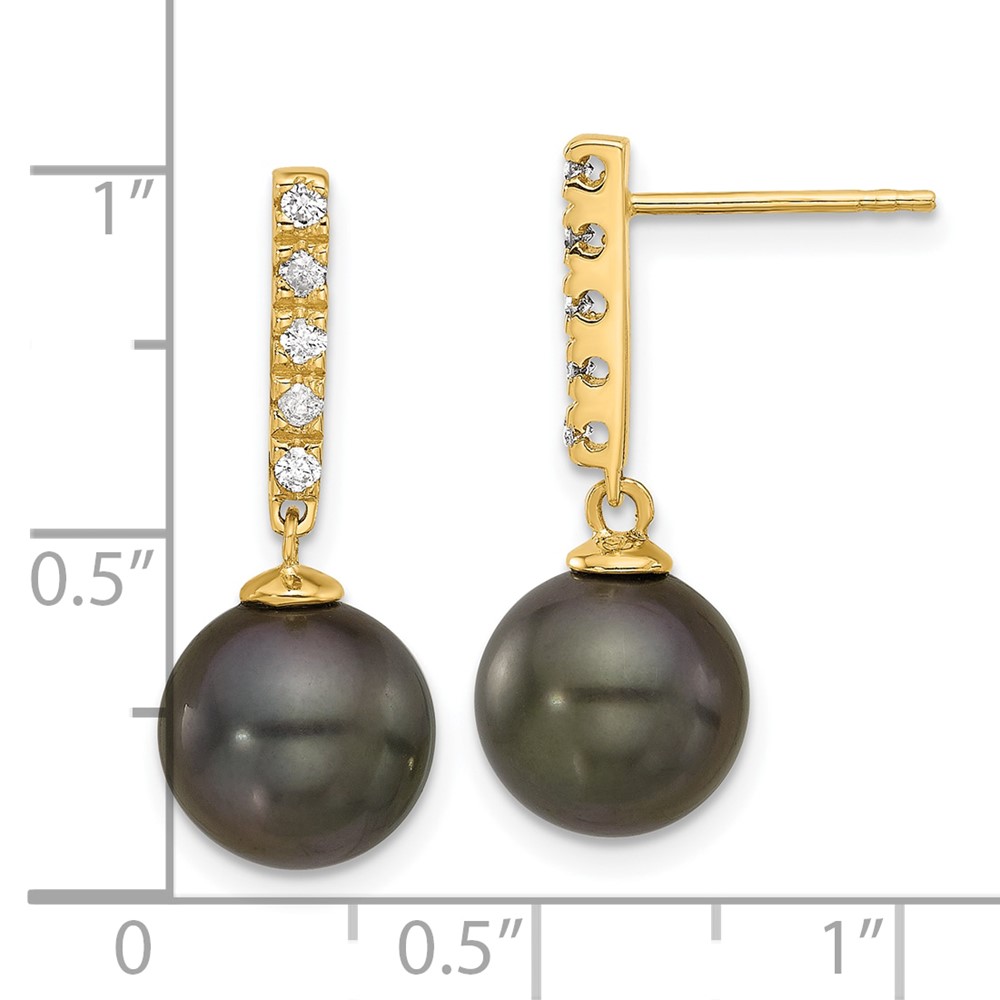 14k 9-10mm Black Round Tahitian Saltwater Cultured Pearl and .20 Carat Diamond Post Dangle Earrings (XF812E)