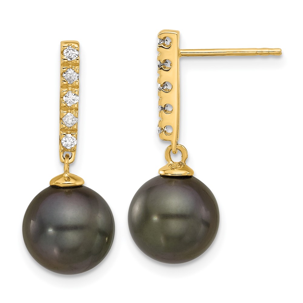 14k 9-10mm Black Round Tahitian Saltwater Cultured Pearl and .20 Carat Diamond Post Dangle Earrings (XF812E)