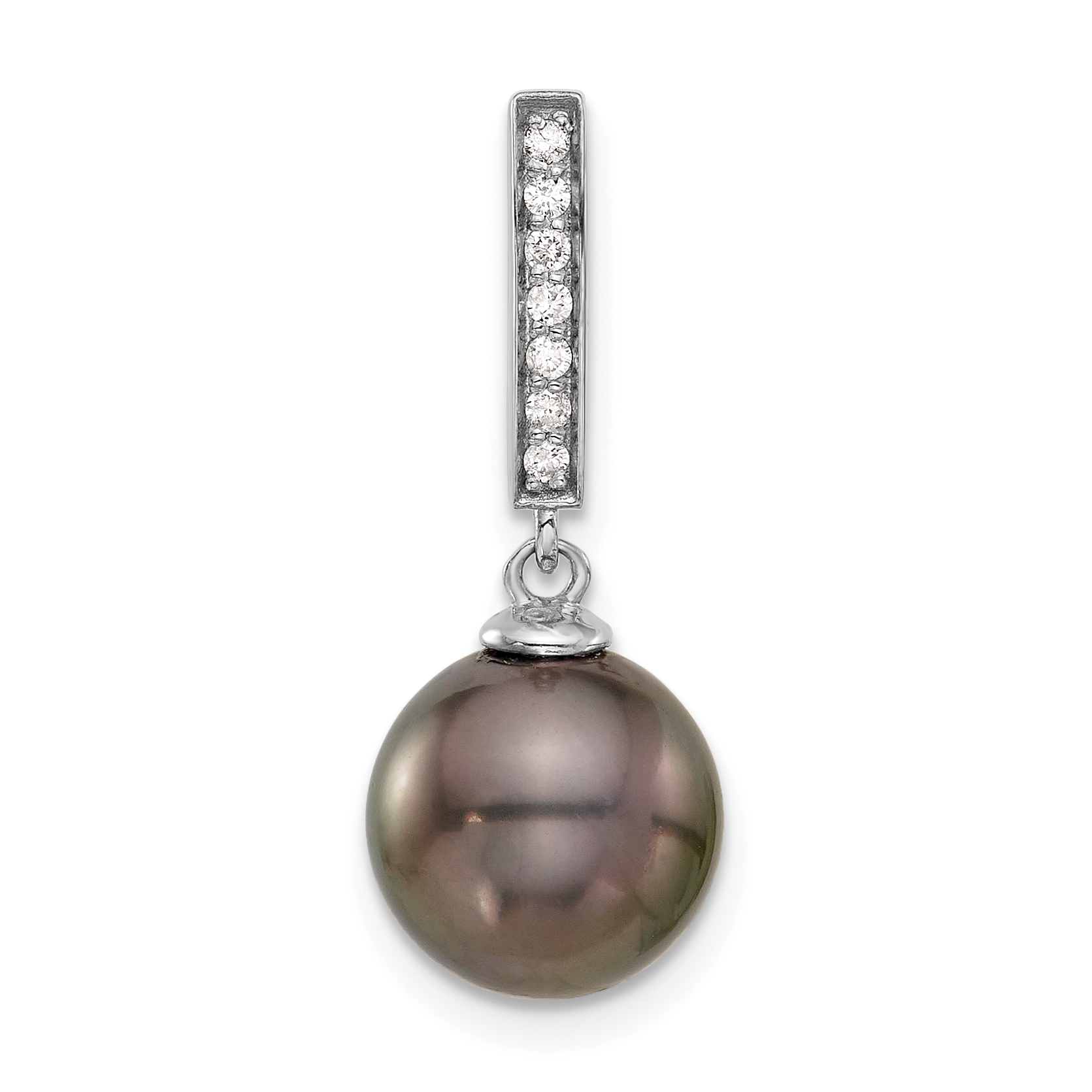 14k White Gold 10-11mm Black Round Tahitian Saltwater Cultured Pearl and .07 Carat Diamond Dangle Chain Slide (XF813)