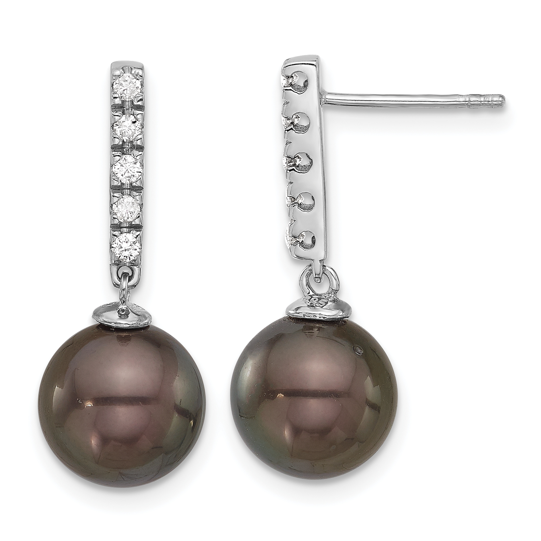 14k White Gold 9-10mm Black Round Tahitian Saltwater Cultured Pearl and .20c Carat Diamond Post Dangle Earrings (XF813E)