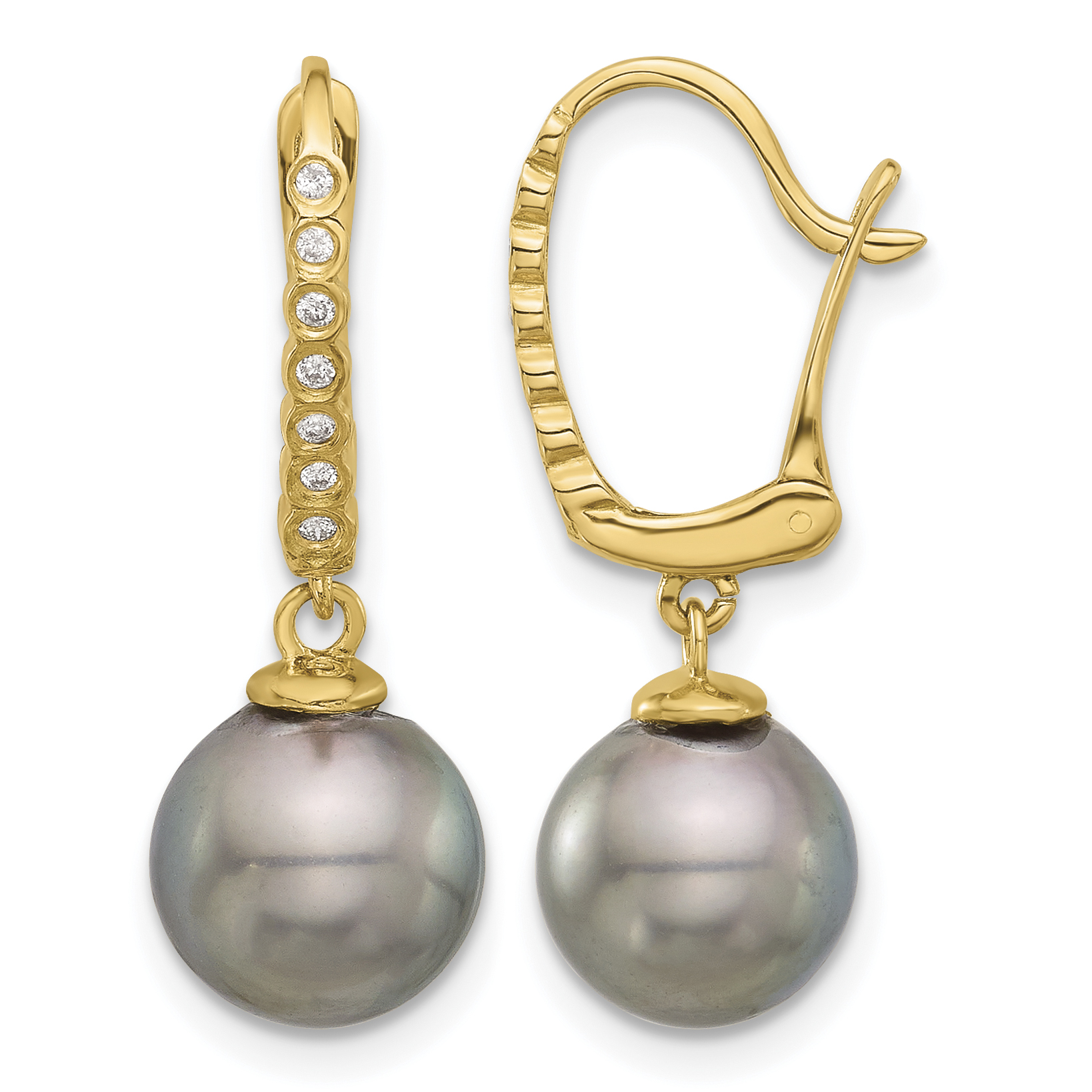 14k 8-9mm Black Round Tahitian Saltwater Cultured Pearl and .07 Carat Diamond Leverback Dangle Earrings (XF814E)