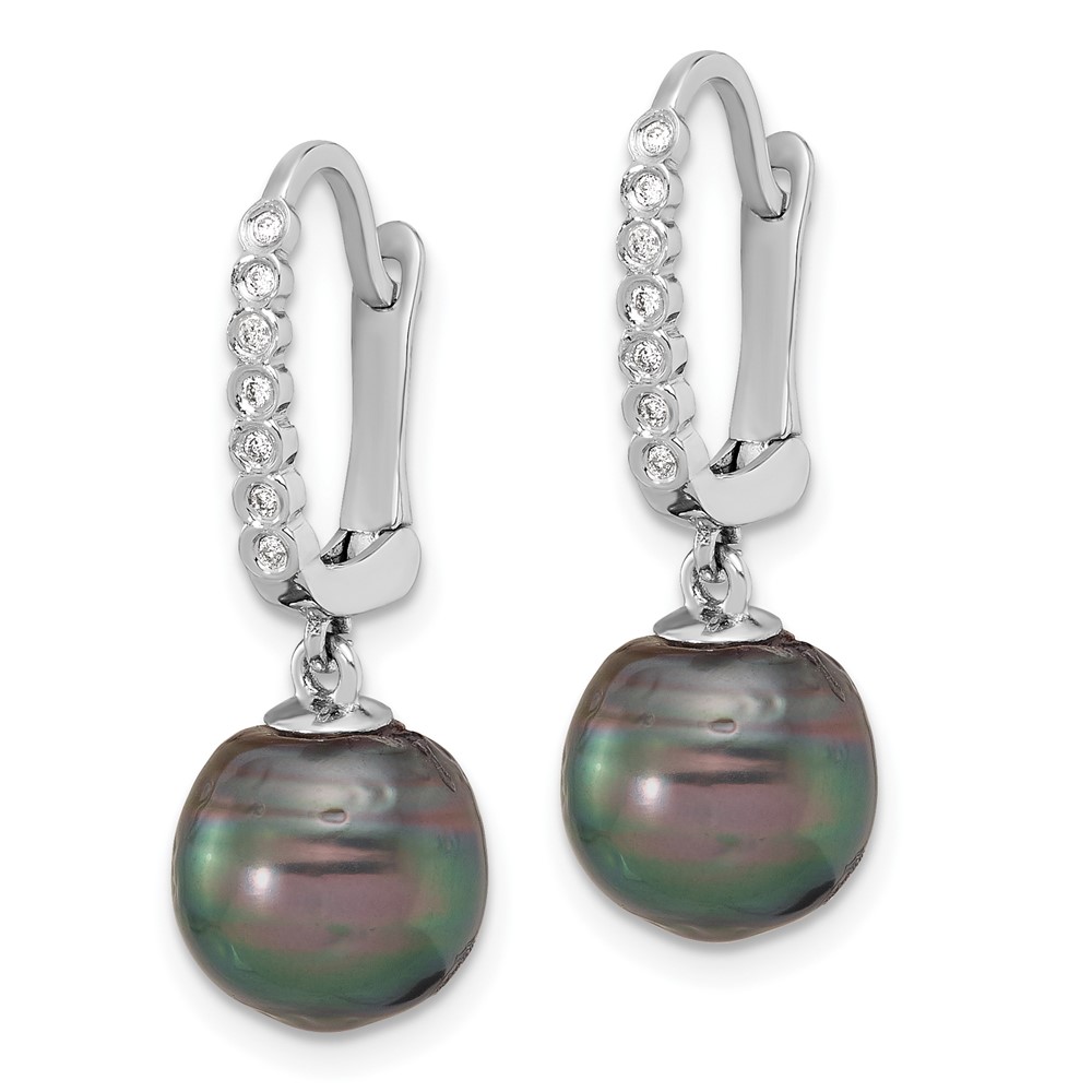 14k White Gold 9-10mm Black Round Tahitian Saltwater Cultured Pearl and .07 Carat Diamond Leverback Dangle Earrings (XF815E)