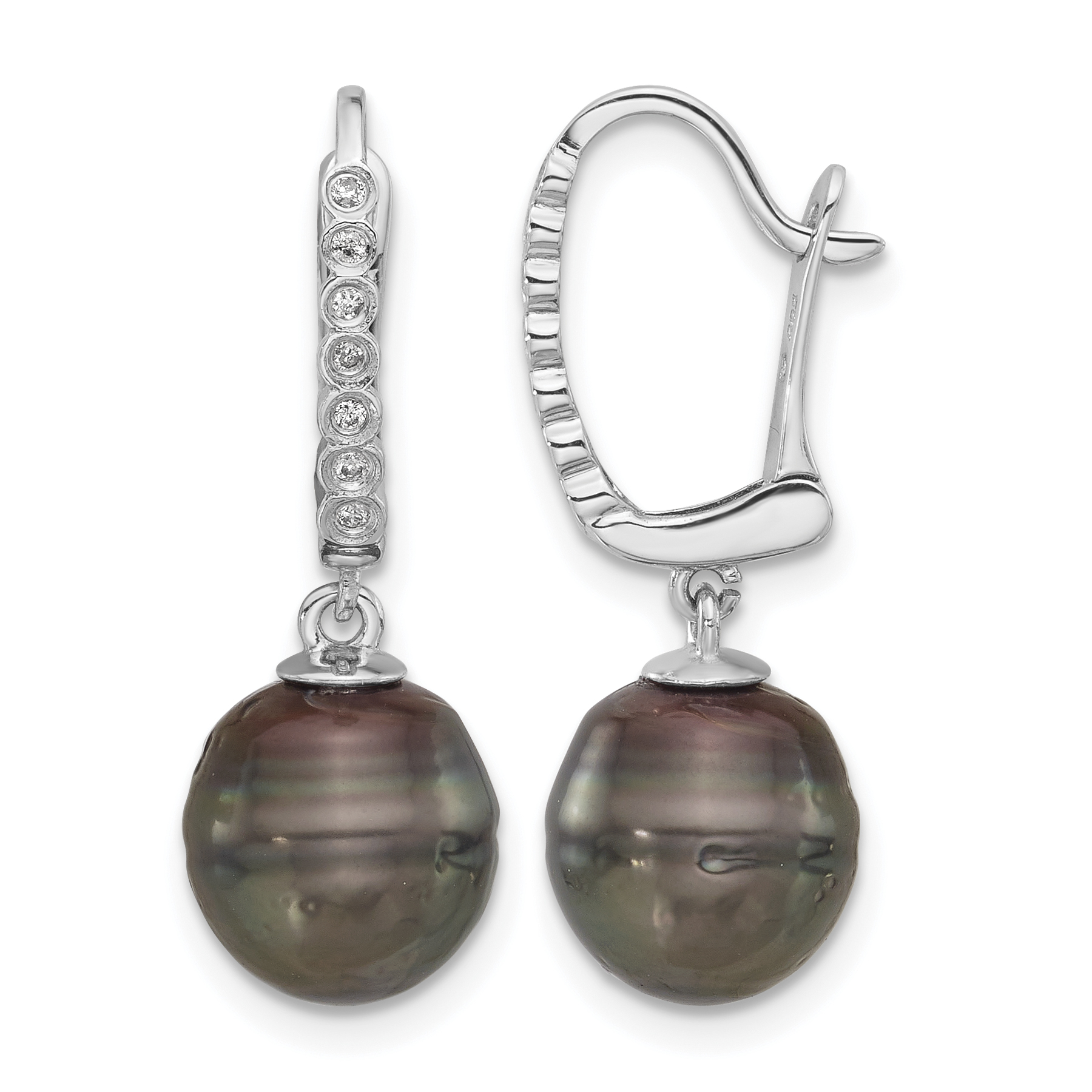 14k White Gold 9-10mm Black Round Tahitian Saltwater Cultured Pearl and .07 Carat Diamond Leverback Dangle Earrings (XF815E)