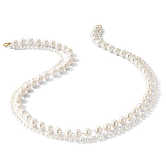 14k 3-4mm and 7-8mm White Near-Round Freshwater Cultured Pearl 2-Strand 18 inch Necklace