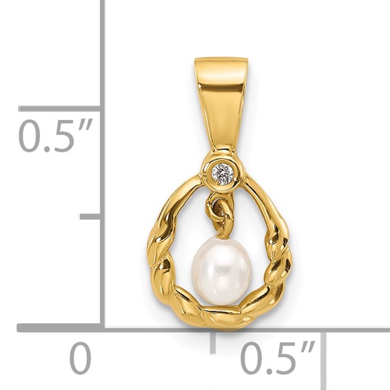 14K 3-4mm Teardrop White FWC Pearl and .01ct Diamond Pendant