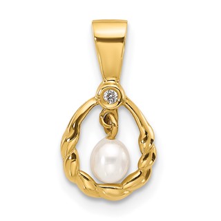 14K 3-4mm Teardrop White FWC Pearl and .01ct Diamond Pendant