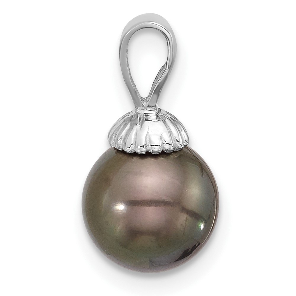 14K White Gold 8-9mm Round Black Tahitian Saltwater Cultured Pearl Pendant (XF832)