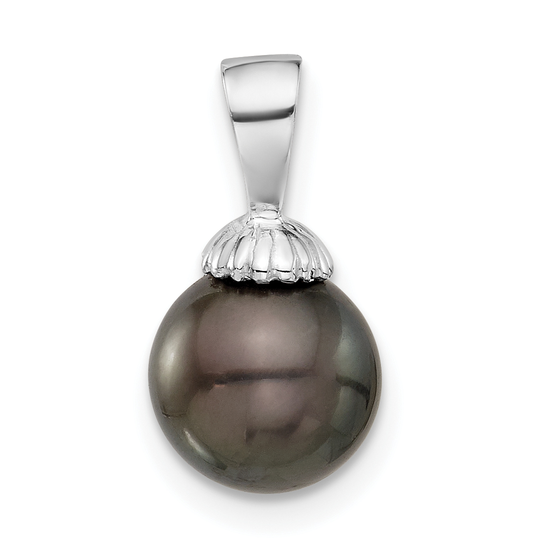 14K White Gold 8-9mm Round Black Tahitian Saltwater Cultured Pearl Pendant (XF832)