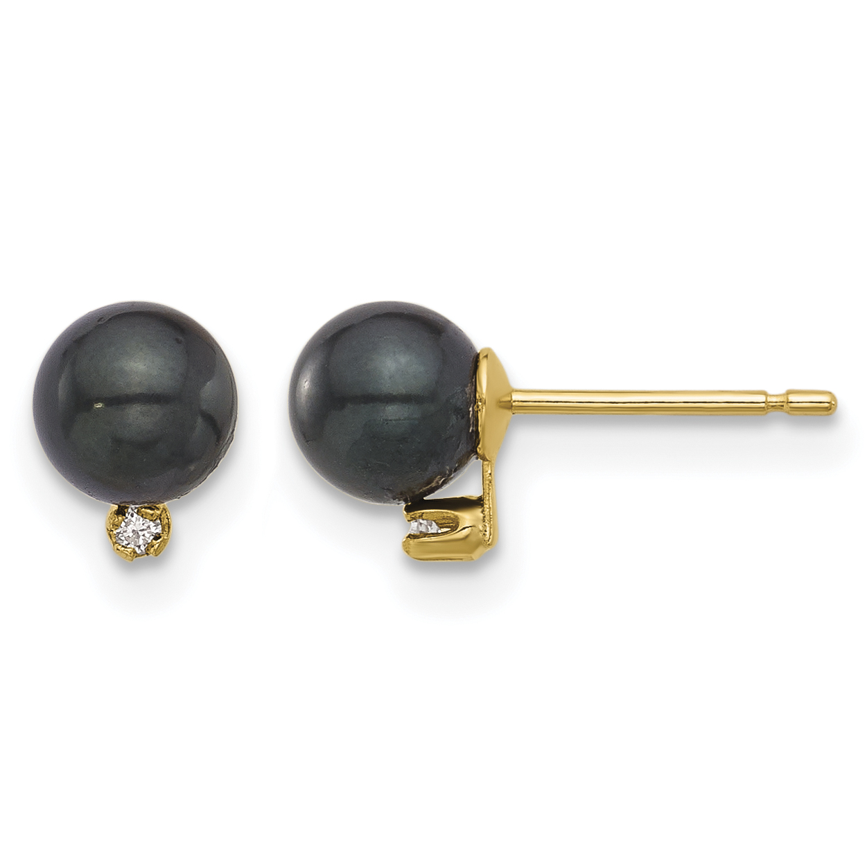 14k 5-6mm Black Round Akoya Saltwater Cultured Pearl and .02 Carat Diamond Post Earrings (XF833E)