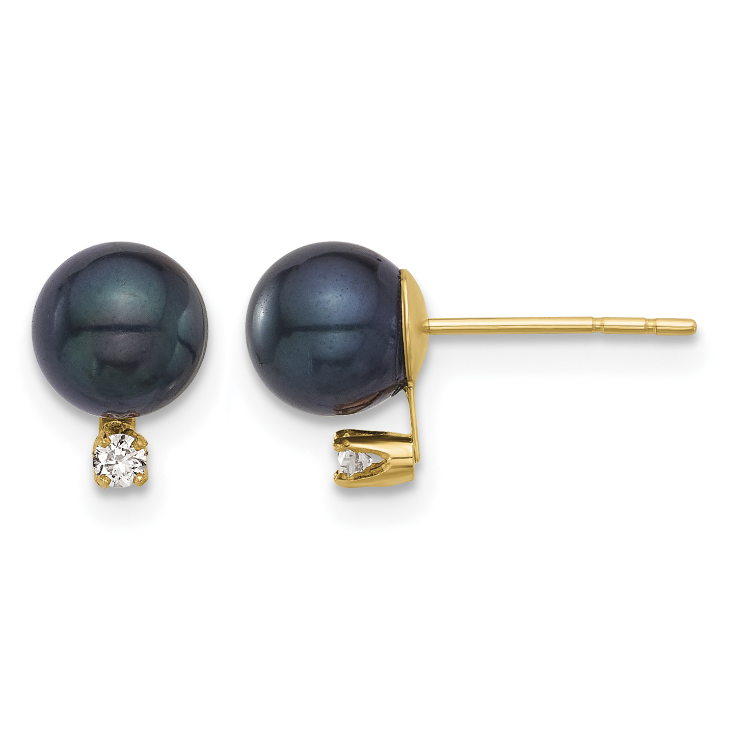 14k 6-7mm Black Round Akoya Saltwater Cultured Pearl and .06 Carat Diamond Post Earrings (XF834E)