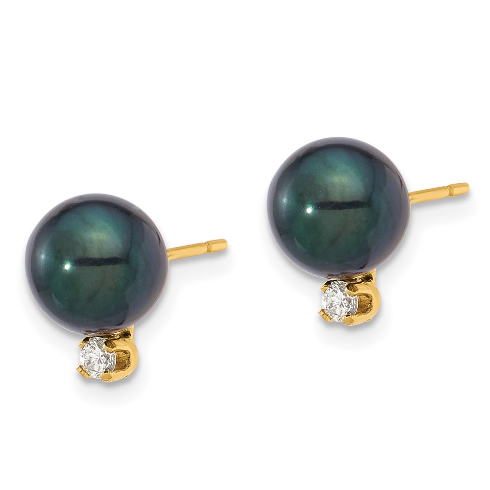 14k 7-8mm Black Round Akoya Saltwater Cultured Pearl and .10 Carat Diamond Post Earrings (XF835E)
