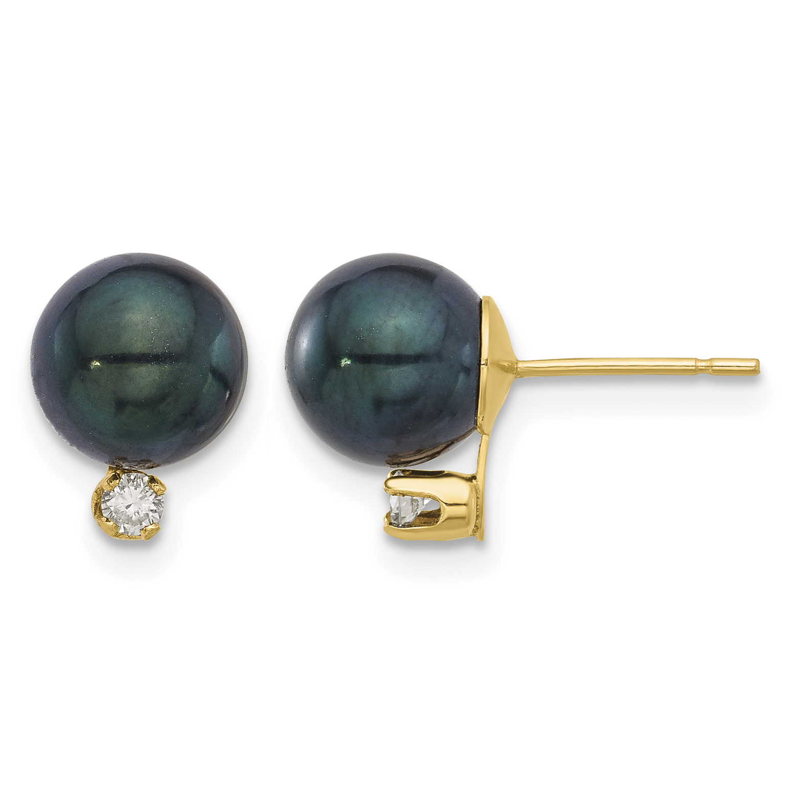 14k 7-8mm Black Round Akoya Saltwater Cultured Pearl and .10 Carat Diamond Post Earrings (XF835E)