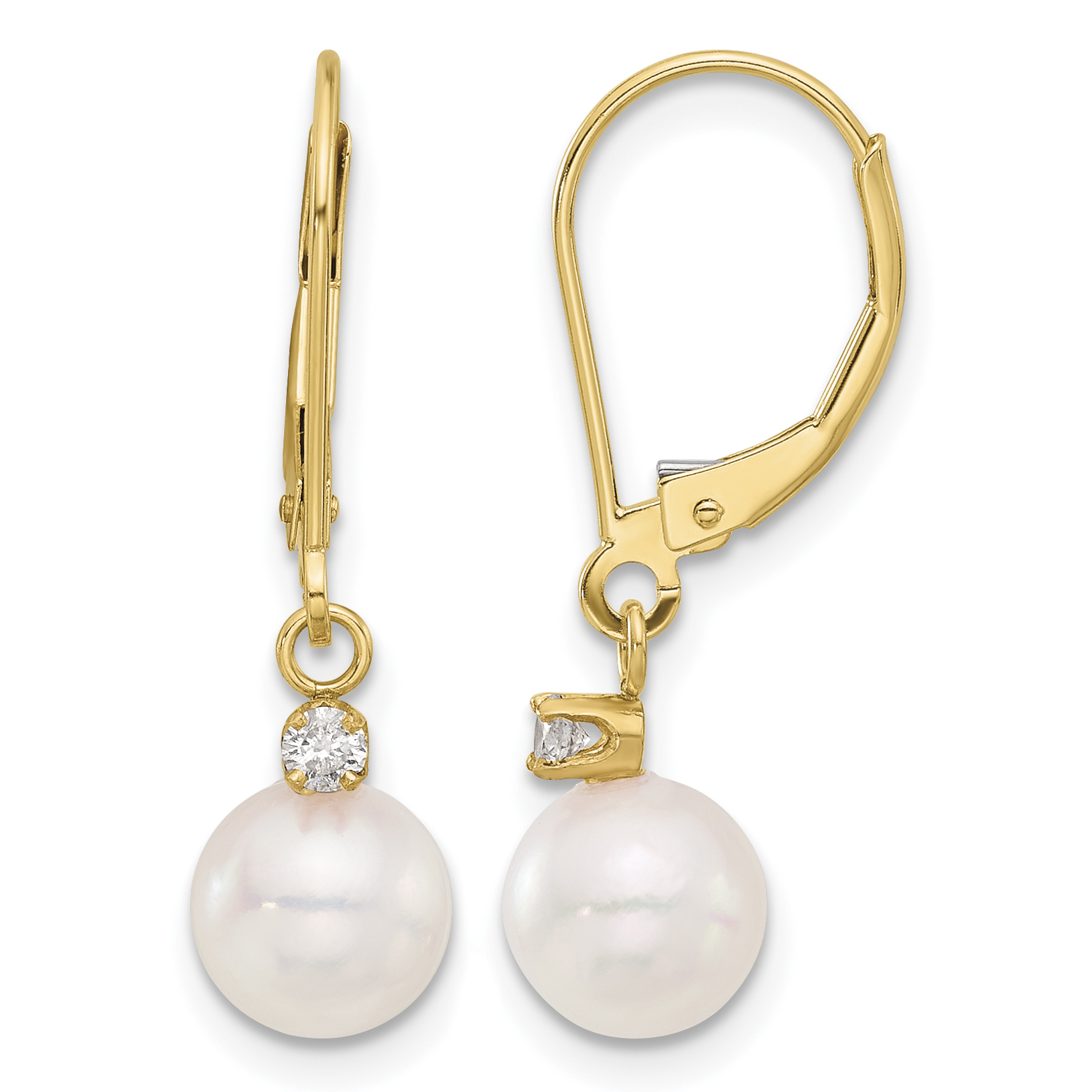 14k 7-8mm White Round Akoya Saltwater Cultured Pearl and .10 Carat Diamond Dangle Leverback Earrings (XF836E)