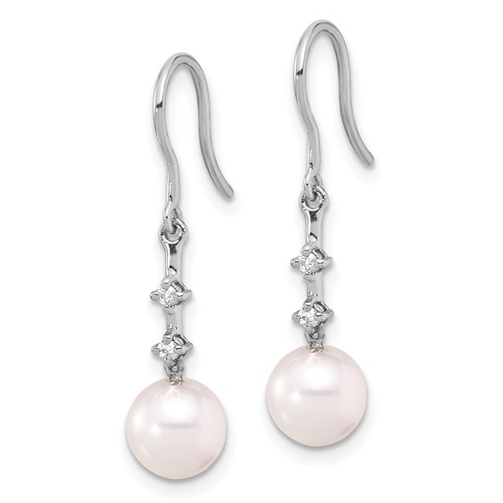 14k White Gold 7-8mm White Round Akoya Saltwater Cultured Pearl and .04 Carat Diamond Shepherd Hook Dangle Earrings