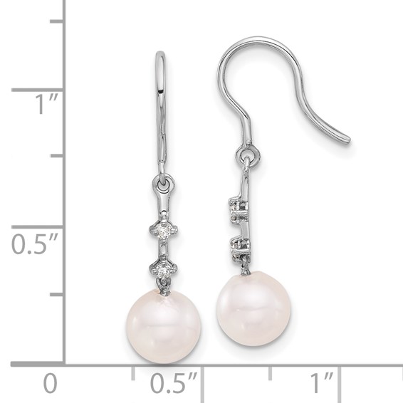 14k White Gold 7-8mm White Round Akoya Saltwater Cultured Pearl and .04 Carat Diamond Shepherd Hook Dangle Earrings
