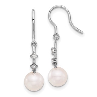 14k White Gold 7-8mm White Round Akoya Saltwater Cultured Pearl and .04 Carat Diamond Shepherd Hook Dangle Earrings