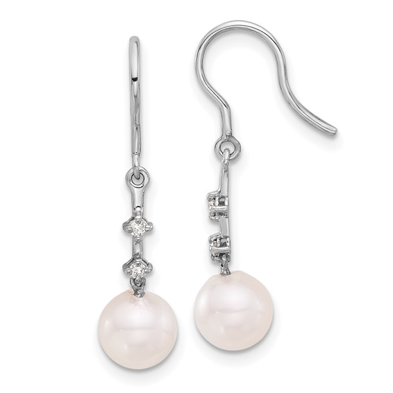 14k White Gold 7-8mm White Round Akoya Saltwater Cultured Pearl and .04 Carat Diamond Shepherd Hook Dangle Earrings