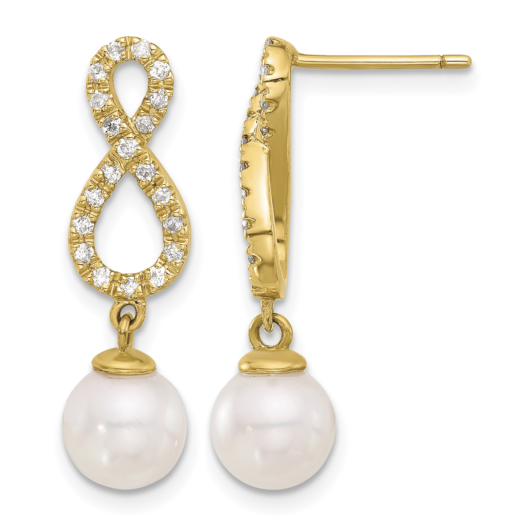 14k 7-8mm White Round Akoya Saltwater Cultured Pearl and .40 Carat Diamond Infinity Post Dangle Earrings (XF840E)