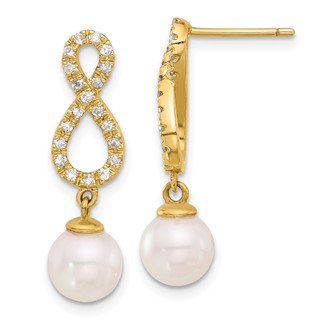 Gold Pearl & Diamond Dangle Post Earrings