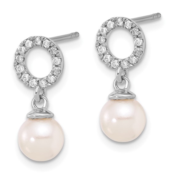 14k White Gold 6-7mm White Round Akoya Saltwater Cultured Pearl and .20 Carat Diamond Post Dangle Earrings