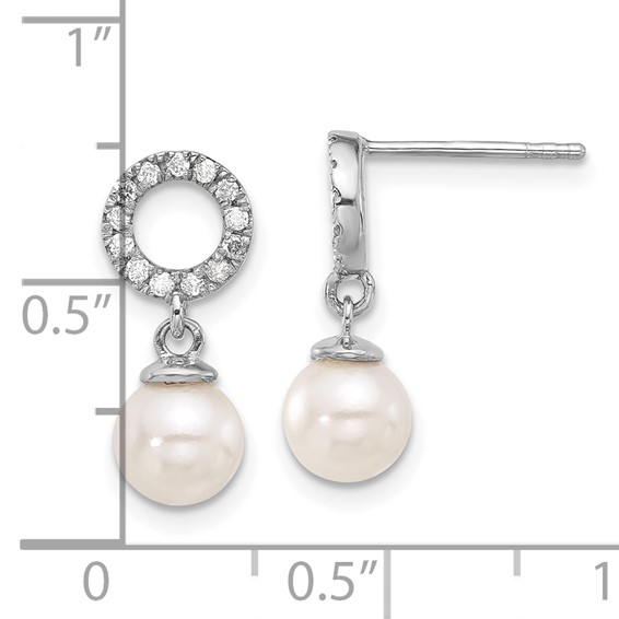 14k White Gold 6-7mm White Round Akoya Saltwater Cultured Pearl and .20 Carat Diamond Post Dangle Earrings