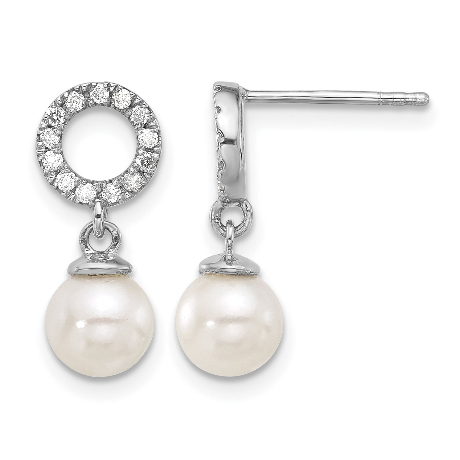 14k White Gold 6-7mm White Round Akoya Saltwater Cultured Pearl and .20 Carat Diamond Post Dangle Earrings (XF841E)