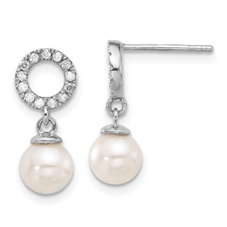 14k White Gold 6-7mm White Round Akoya Saltwater Cultured Pearl and .20 Carat Diamond Post Dangle Earrings