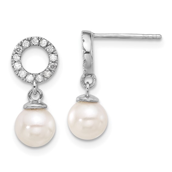 14k White Gold 6-7mm White Round Akoya Saltwater Cultured Pearl and .20 Carat Diamond Post Dangle Earrings