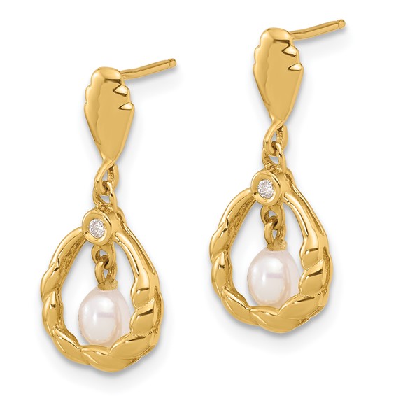 14K 3-4mm Teardrop White FWC Pearl and .02ct Dia Post Dangle Earrings