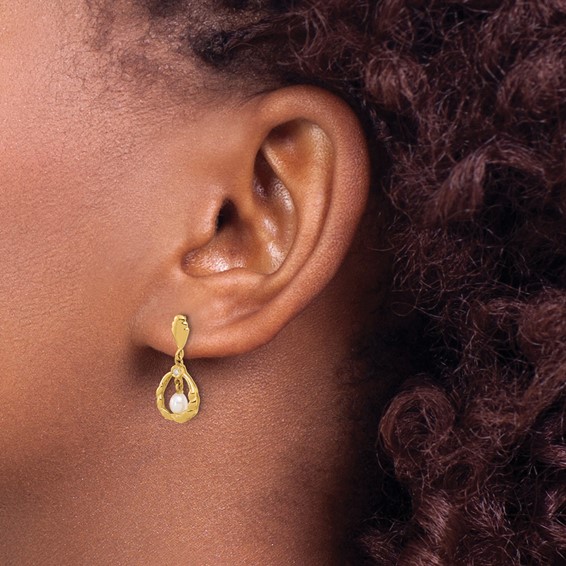 14K 3-4mm Teardrop White FWC Pearl and .02ct Dia Post Dangle Earrings