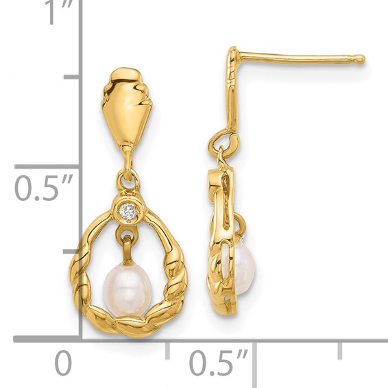 14K 3-4mm Teardrop White FWC Pearl and .02ct Dia Post Dangle Earrings
