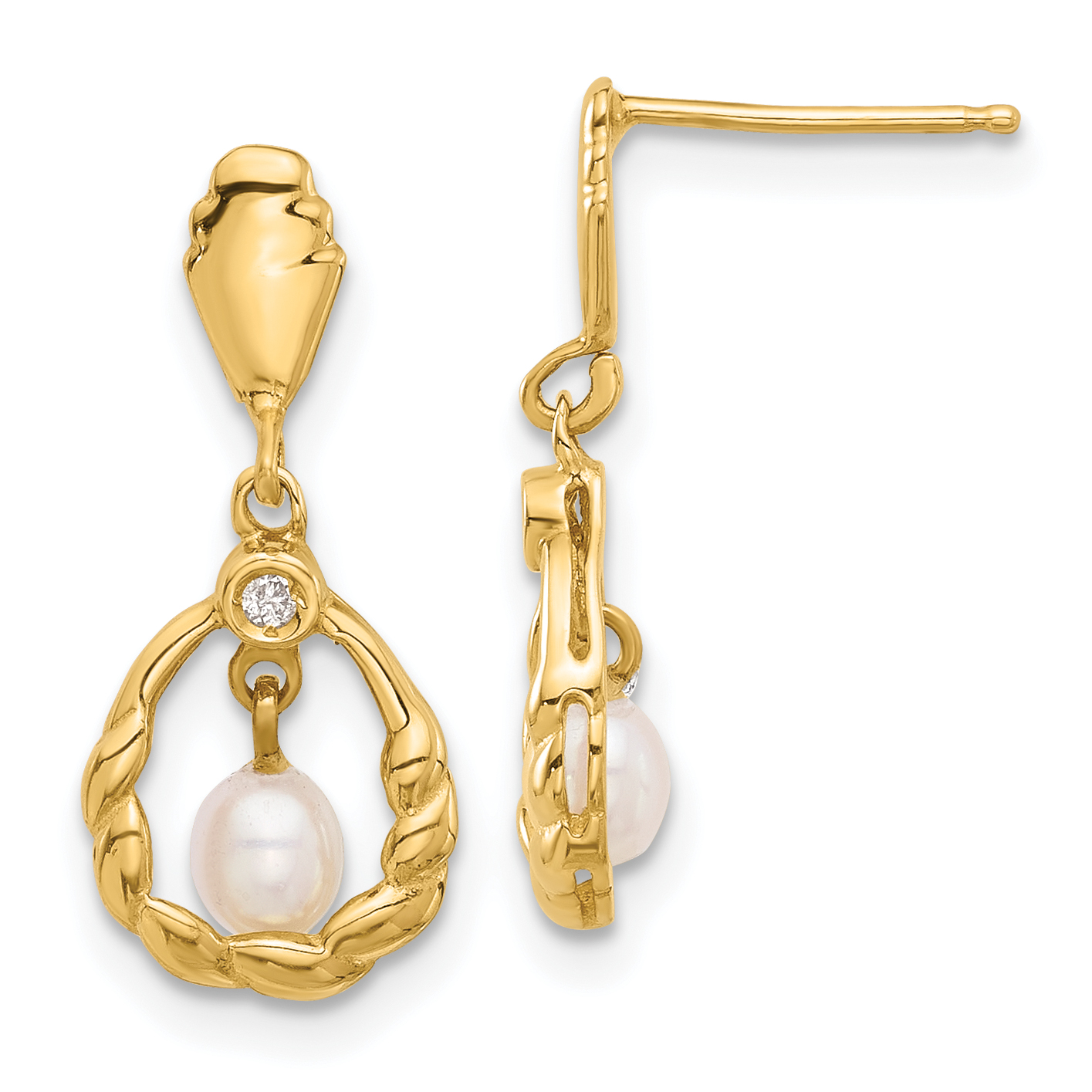 14K 3-4mm Teardrop White FWC Pearl and .02ct Dia Post Dangle Earrings (XF843E)