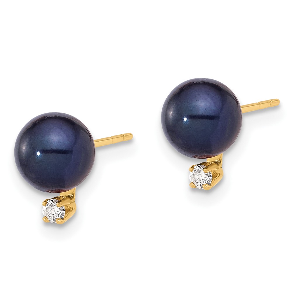 14k 6-7mm Black Round Freshwater Cultured Pearl and .06 Carat Diamond Post Earrings (XF844E)