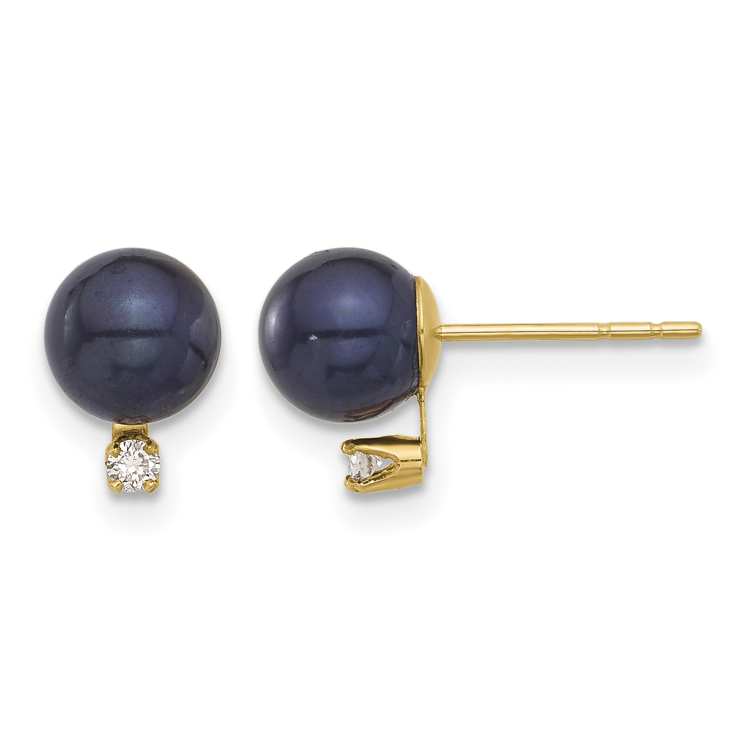 14k 6-7mm Black Round Freshwater Cultured Pearl and .06 Carat Diamond Post Earrings (XF844E)