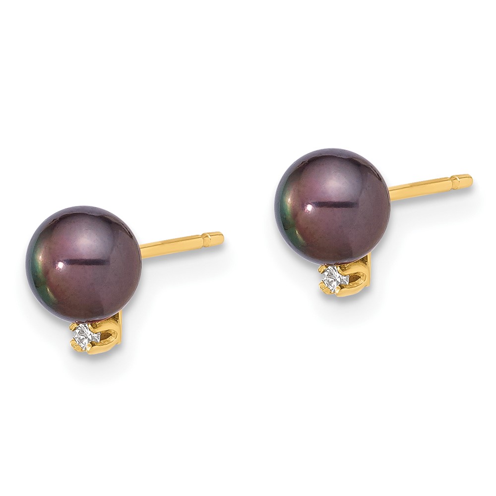 14k 5-6mm Black Round Freshwater Cultured Pearl and .02 Carat Diamond Post Earrings (XF845E)