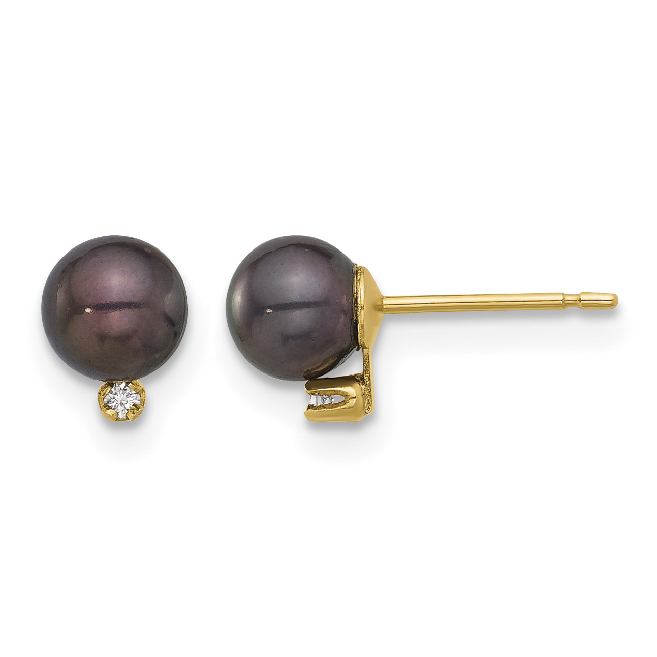 14k 5-6mm Black Round Freshwater Cultured Pearl and .02 Carat Diamond Post Earrings (XF845E)