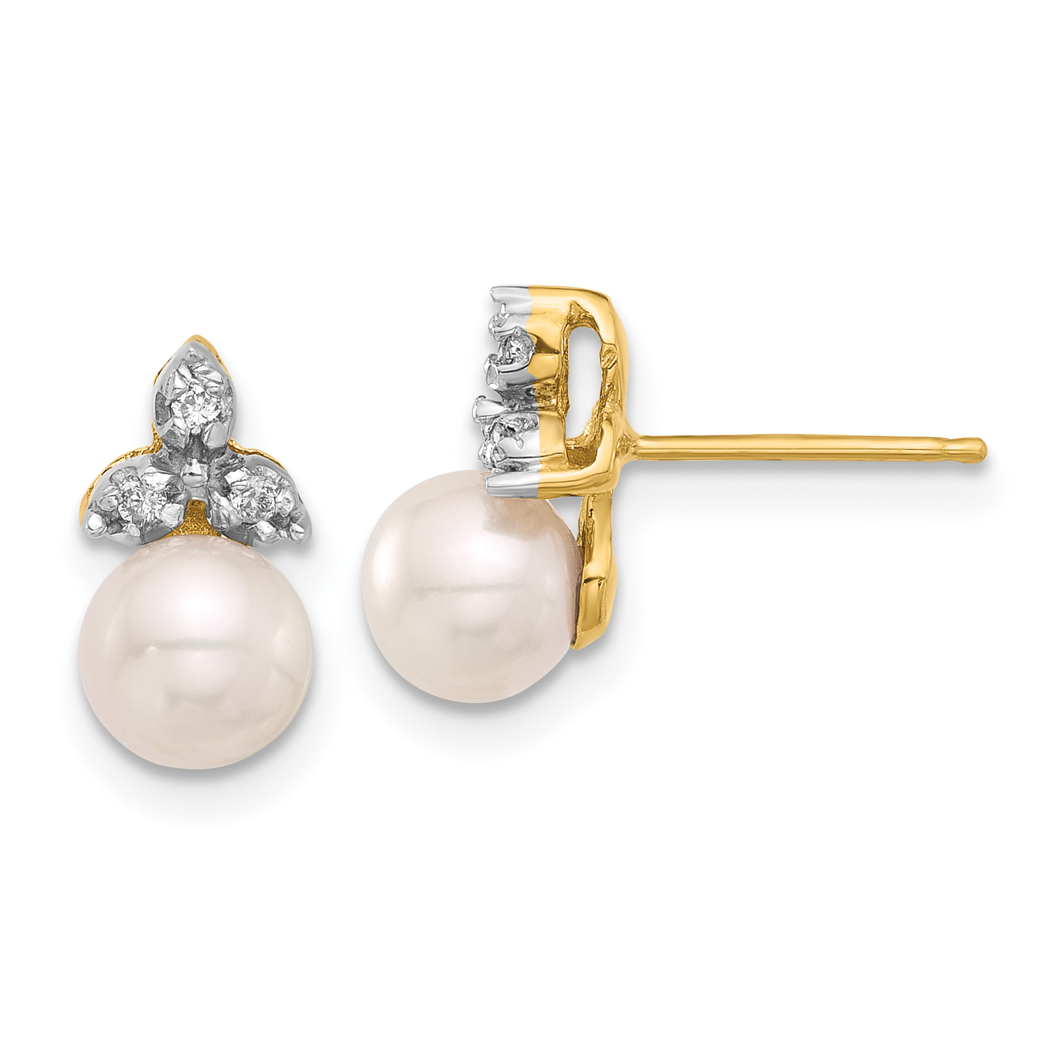 14k 5-6mm White Round Freshwater Cultured Pearl and .06 Carat Diamond Post Earrings (XF846E)