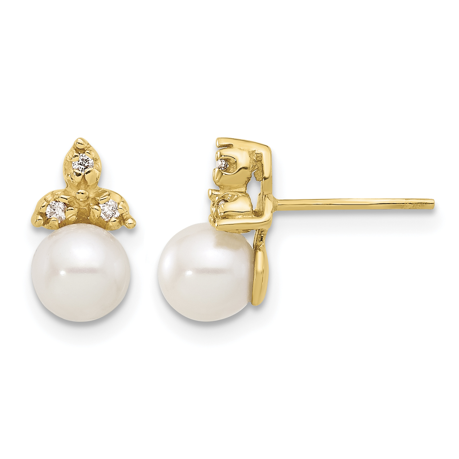 14k 5-6mm White Button Freshwater Cultured Pearl and .06 Carat Diamond Post Earrings (XF847E)