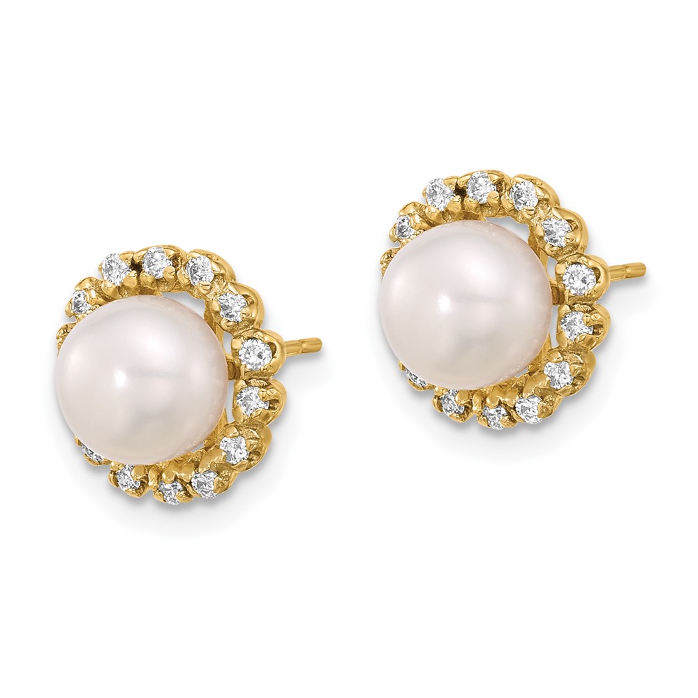 14k 7-8mm White Button Freshwater Cultured Pearl and .28 Carat Diamond Post Earrings (XF848E)