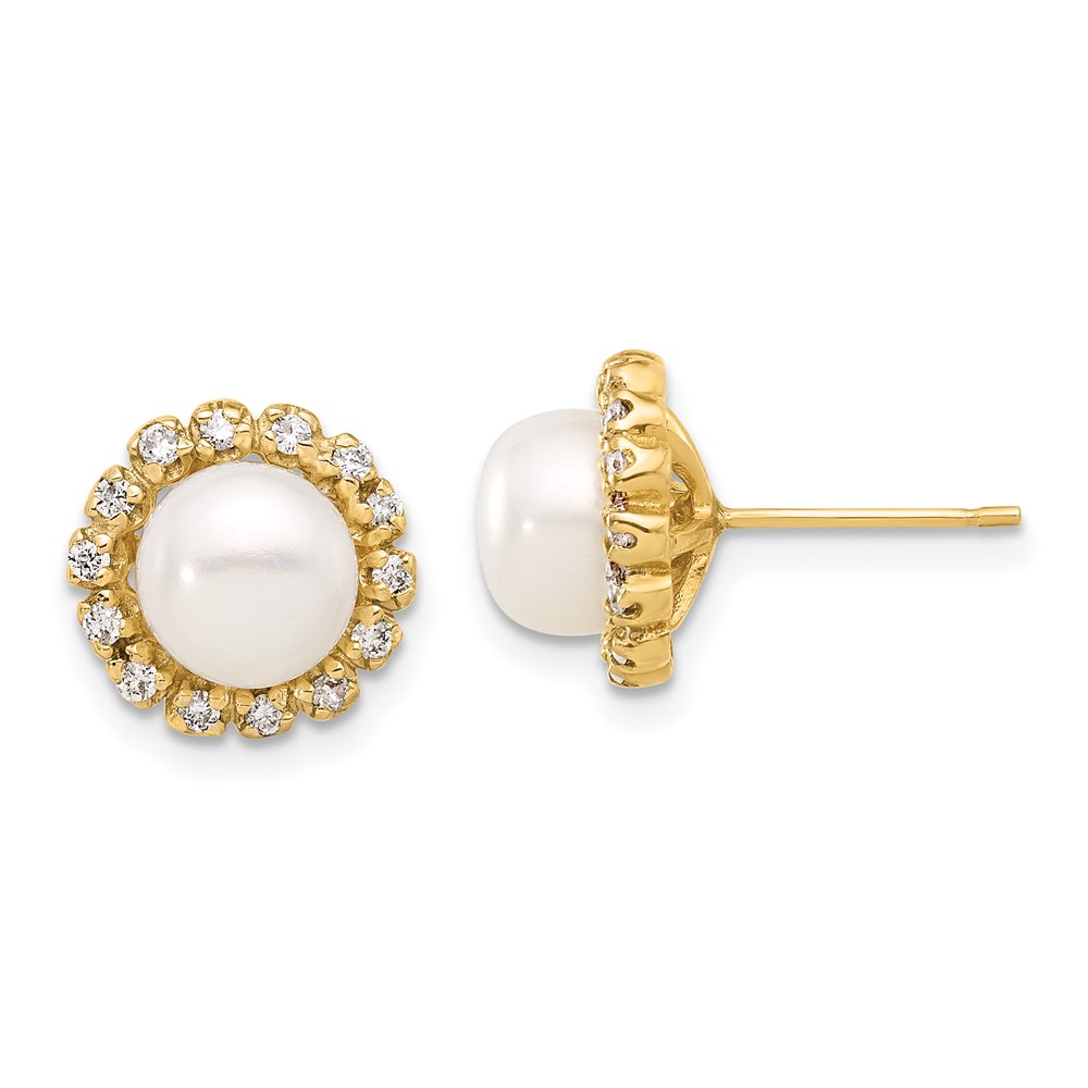 14K 7-8mm Button Freshwater Cultured Pearl and .28ct Dia Post Earrings