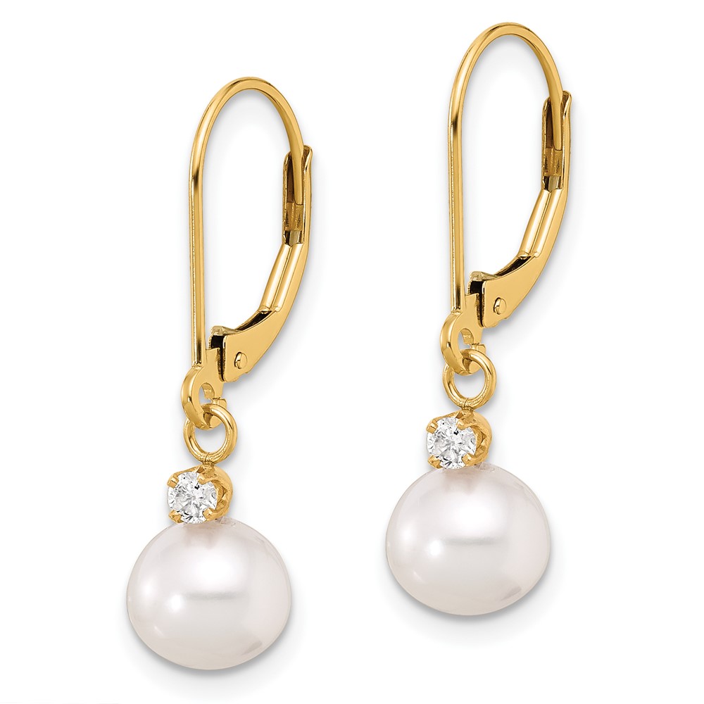 14k 7-8mm White Round Freshwater Cultured Pearl and .10 Carat Diamond Dangle Leverback Earrings (XF850E)