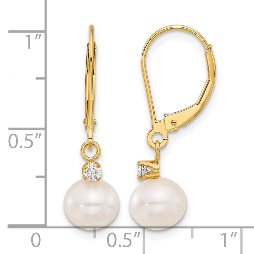 14k 7-8mm White Round Freshwater Cultured Pearl and .10 Carat Diamond Dangle Leverback Earrings (XF850E)