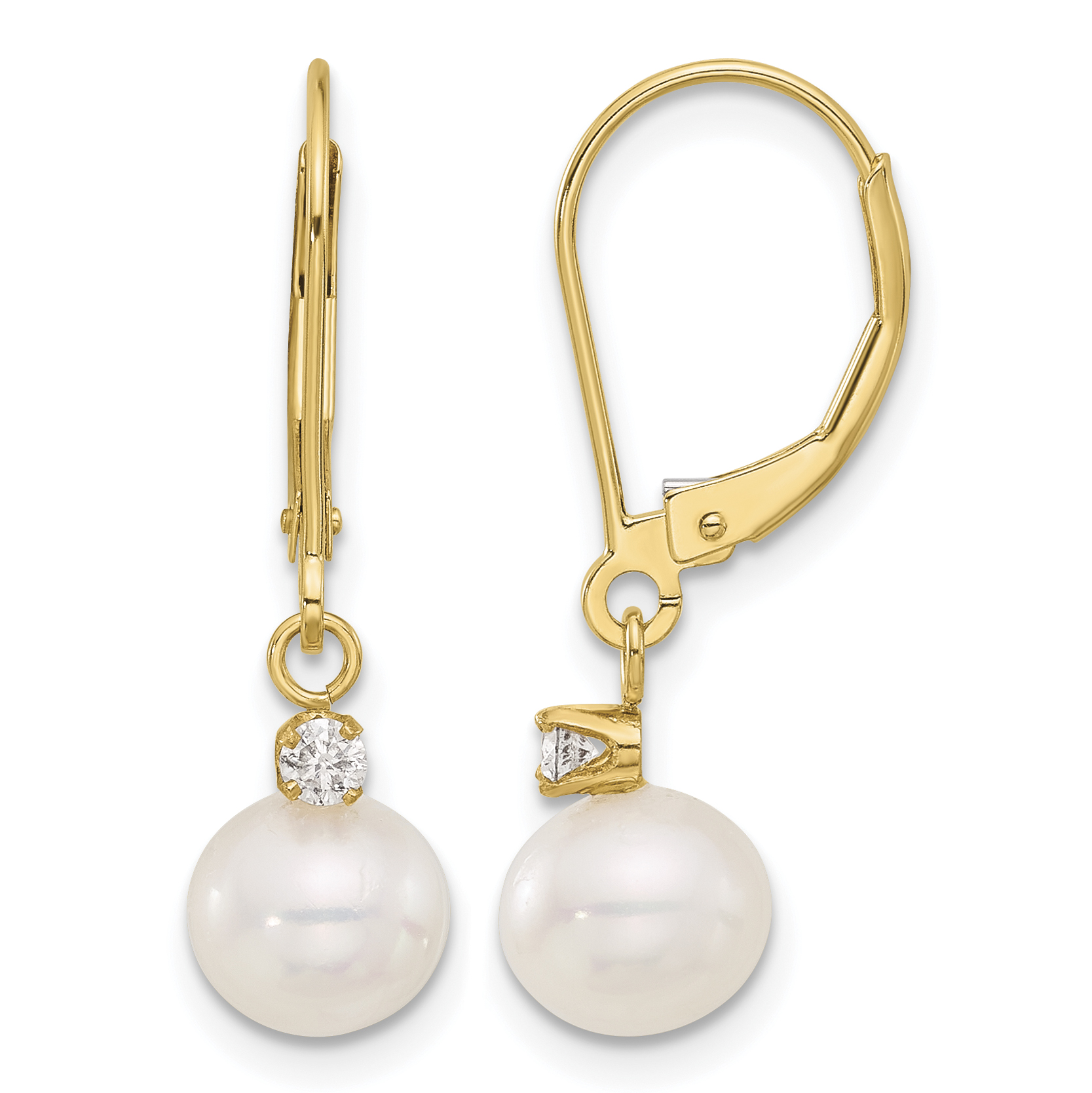 14k 7-8mm White Round Freshwater Cultured Pearl and .10 Carat Diamond Dangle Leverback Earrings (XF850E)