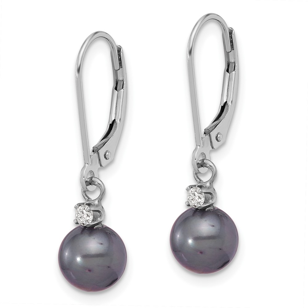 14k White Gold 7-8mm Black Round Freshwater Cultured Pearl and .10 Carat Diamond Dangle Leverback Earrings (XF851E)
