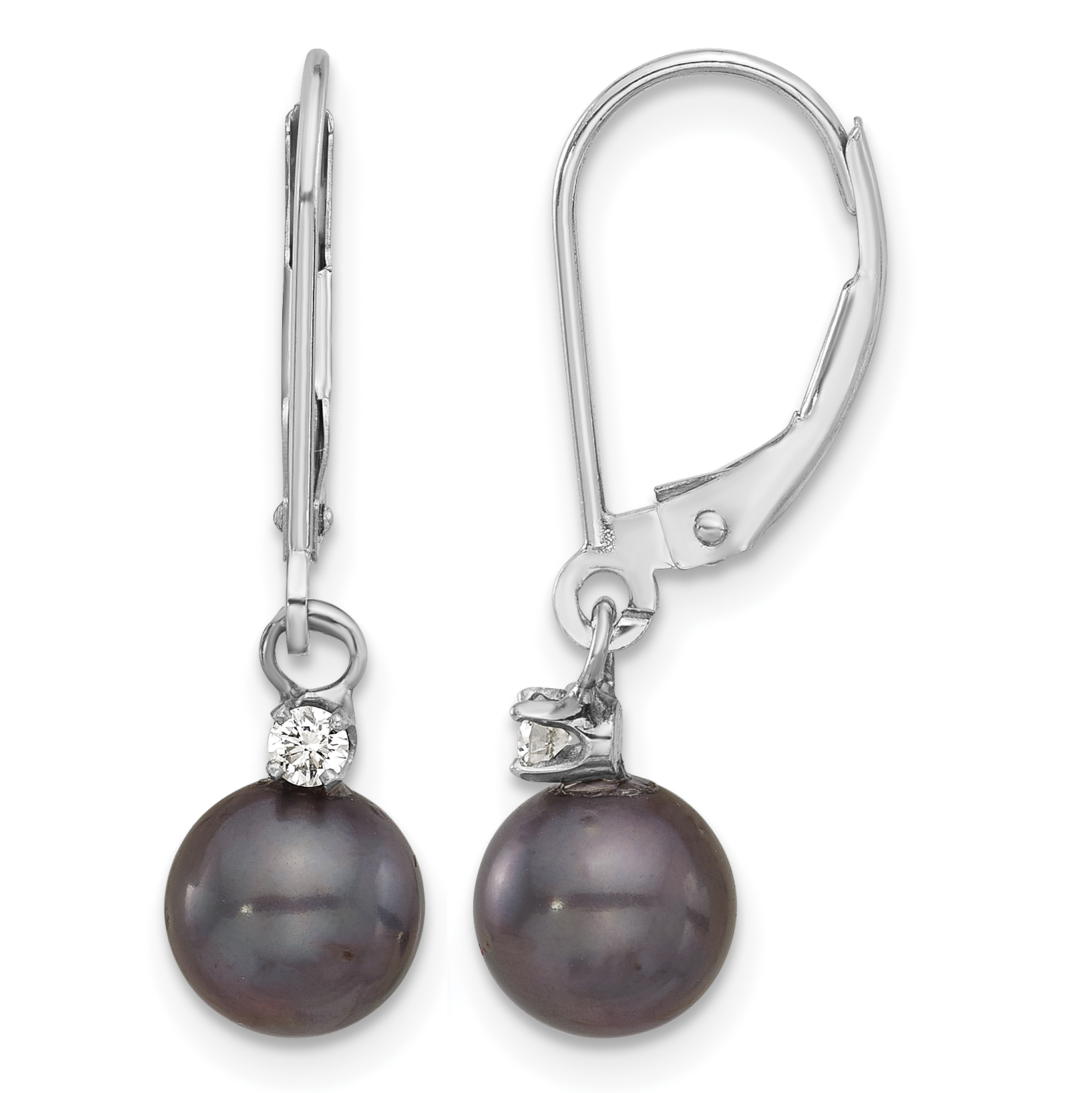 14k White Gold 7-8mm Black Round Freshwater Cultured Pearl and .10 Carat Diamond Dangle Leverback Earrings (XF851E)
